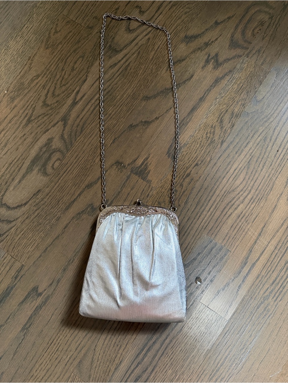 Vintage HL U.S.A. Silver Evening Bag Purse  Embossed Floral Clasp Chain Handle